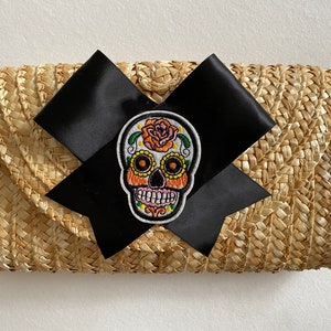 Halloween,Bow, bows, Straw Clutch,  Black Bow, Sugar Skull, ribbon, rattan, rattan clutch, clutch, skull