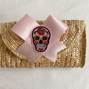 Bow, rattan Clutch, Straw Clutch, Sugar Skull, Skull, Straw Clutch Bag, Straw Clutches, Straw Clutch Purse,  handbag, Clutch, Halloween