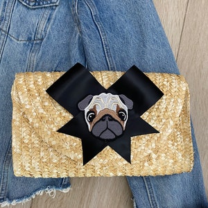 Lazo, lazos, cinta, pug, amante de los perros, perro, perros, bolso de mano de paja de ratán, bolso de mano de paja, bolso de mano de ratán
