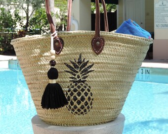 Hand-Painted Pineapple Straw Beach Tote with Leather Handles