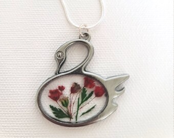 Swan Shaped resin Necklace with Dried Flowers- Resin, Sterling Silver