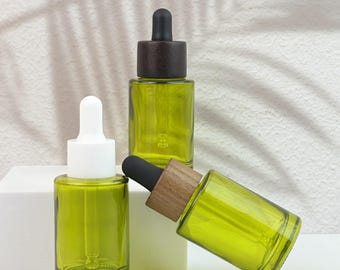 Flacon compte-gouttes en verre vert de 30 ml, flacon vide d'huile essentielle avec pipette, emballage rechargeable pour sérum de soin de la peau