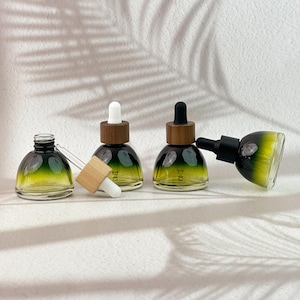 Gradient Green Dome Glass Dropper Bottle with Wood Cap, Refillable Essential Oil/Serum Container, Luxury Skincare & Aromatherapy Packaging