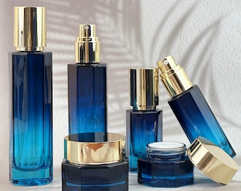 Blue Gradient Glass Lotion Pump/Mist Spray Bottles, Cream Jars for Luxury Beauty Packaging, Empty Skincare Bottle with Gold Cap