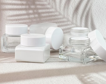 30g/50g Empty Square Glass Cosmetic Jars (Clear/White/Frosted), Reusable Cream Jars for Home Skincare Storage & DIY Beauty Packaging