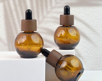 30ml Brown Glass Dropper Bottle with Natural Wood Lid, Leak-Proof Pipette for Essential Oils, Serum, Perfume,DIY Beauty Products