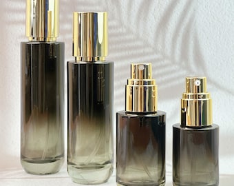 Gradient Black Glass Lotion Pump Bottle, Empty Skincare Spray Bottle, Reusable Cosmetic Vials with Gold Pump for Toner, Facial Mist
