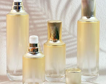 Empty Glass Lotion Pump Bottles, Gradient Gold Skincare Containers with Gold Cap, Refillable Beauty Packaging for Home & Travel Use