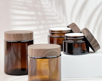 Brown Glass Cream Jars with Plastic Wood  Lids, Empty Cosmetic Jars, Refillable Skincare Jars for Body Butter, Face Mask, Serum