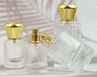 30ml/50ml Ribbed Glass Perfume Bottle, Refillable Clear Atomizer with Gold Cap, Vertical Fluted Fragrance Vial, Elegant Vanity Decor