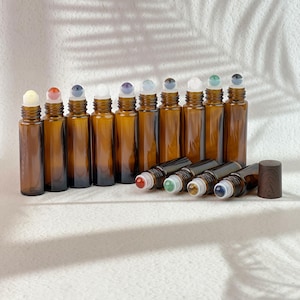 5ml/10ml Amber Glass Roller Bottle with Stone Rollerball, Refillable Essential Oil Bottle with Plastic Wood Grain Cap