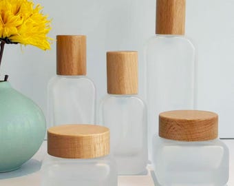 White Frosted Glass Cosmetic Bottles, Lotion Pump Bottle with Natural Wooden Cap for Essential Oil, Refillable for Toner, Serum, Travel Size