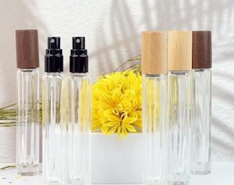 Clear Glass Perfume Spray Bottle with Natural Wooden Cap, Refillable Essential Oil Container for Home & Travel, Fine Mist Atomizer