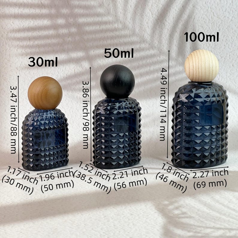 30ml/50ml/100ml Navy Blue Glass Perfume Atomizers, Refillable Empty Spray Bottle with Wooden Cap, Fine Mist Bottles for Vanity & Travel image 2