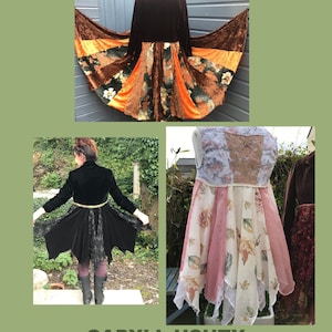 Op de afbeelding: Een PDF-patroon voor een jas met een bruin fluwelen lijfje en een veelkleurige patchwork rok. Het patroon is van Capyll Ushty Slow Fashion Cornwall.