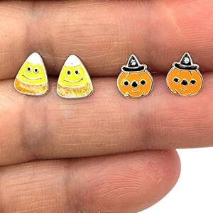 Halloween Earrings 925 Sterling Silver, Tiny Candy Corn or Jack O Lantern Studs, Cartilage Jewelry, Spooky Gift for Her