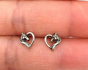 Very Tiny Horse & Heart Sterling Silver Stud Earrings, Multiple Piercings, Tiny Studs, Cartilage Studs, Minimalist  Dainty Earrings