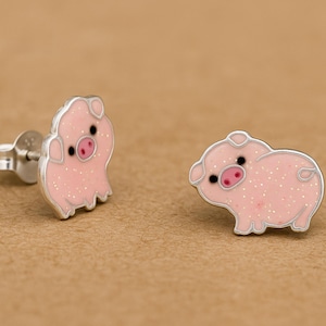 Glitter Pink Pig Earrings: 925 Sterling Silver Piglet Studs