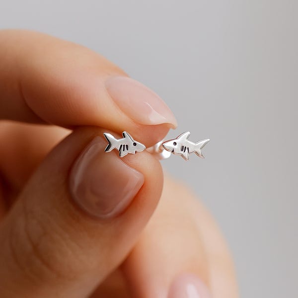 Shark Stud Earrings 925 Sterling Silver Ultra-Tiny Ocean Animal Minimalist Jewelry