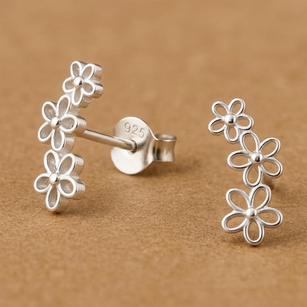 Ultra-Tiny Triple Flower Ear Climber, 925 Sterling Silver Floral Crawler Stud, Minimalist Jewelry Gift