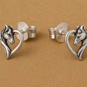 Horse & Heart Stud Earrings Sterling Silver, Tiny Equestrian Jewelry, Dainty Gift for Horse Lovers
