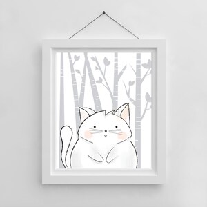 Woodland Nursery Wall Art | Woodland White Cat | Trees | Digital Download