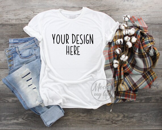 Gildan 42000 White Shirt Styled Flat Lay Mockup Fall