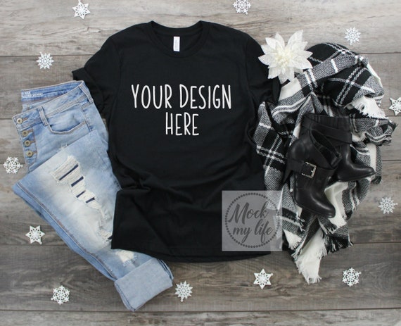 Black Bella Canvas 3001 Christmas Flat Lay Mockup