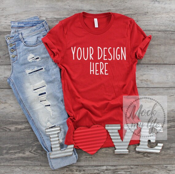 Download Red Bella Canvas 3001 Valentines Day Flat Lay Mock - Free Download +587464 Design PSD Mockup