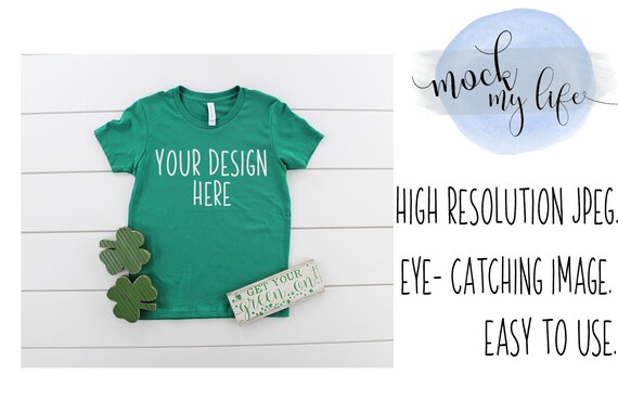 Bella Canvas 3001 T-Shirt Mockup Shirt Mockup St Patrick/'s Day Flat lay Apparel Photography Kelly Green