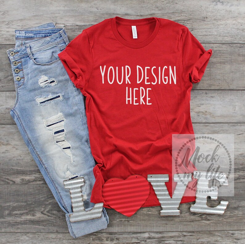 Download Red Bella Canvas 3001 Valentines Day Flat Lay Mock Up ...