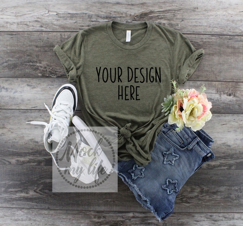 Download Olive Bella Canvas 3880 Styled Flat Lay Mockup / Olive ...