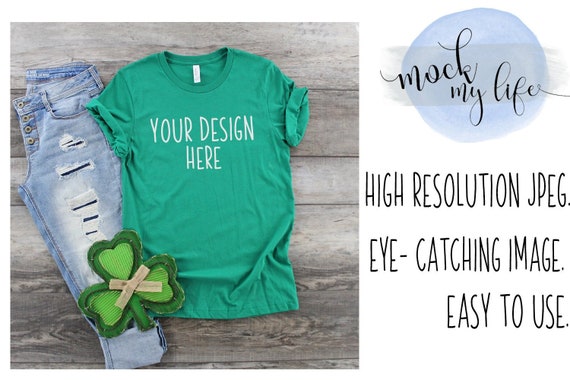 Bella Canvas 3001 T-Shirt Mockup Shirt Mockup St Patrick/'s Day Flat lay Apparel Photography Kelly Green