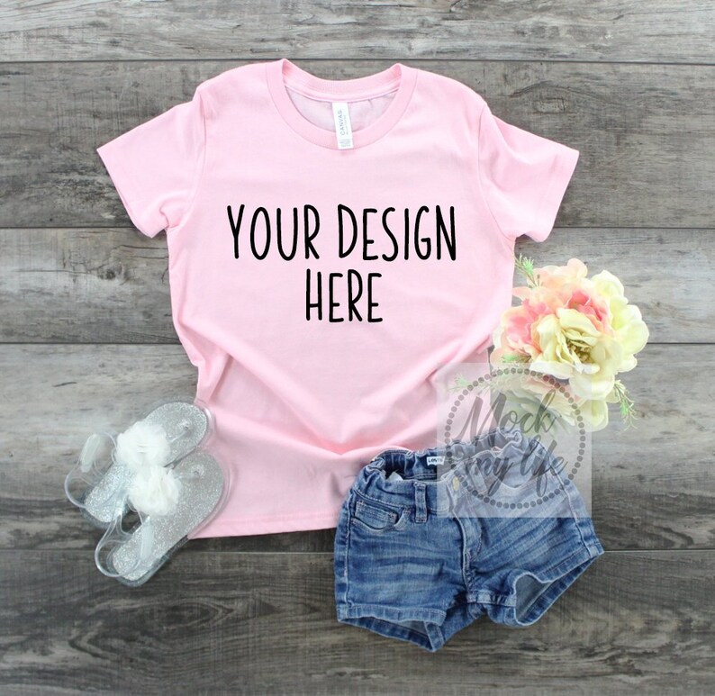Download Pink Bella Canvas 3001 Kids Flat Lay Mockup / Pink Shirt ...
