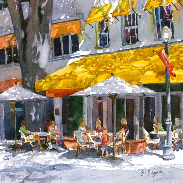 Winter Park Florida Painting, Winter Park street scene, People under umbrellas, cafe art, Winter Park Florida cityscape
