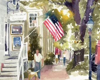 Nantucket Watercolor Print, Coastal New England Wall Art, American Flag Painting, Cape Cod Decor, Beach House Art, Nautical Giclee Artwork