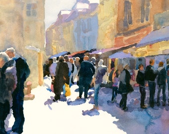 Painting of Honfleur, Honfleur France watercolor, cityscape, street scene, painting of people, French street scene