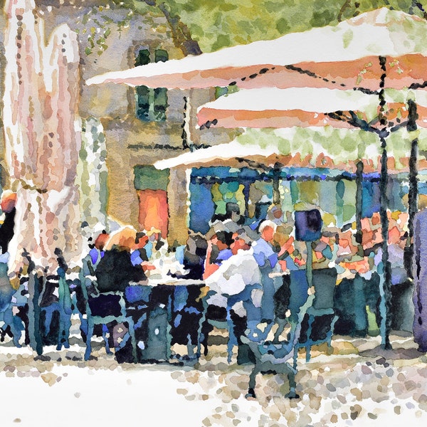 Villeneuve-les-Avignon painting, Watercolor of French Village, French bistro, French cafe scene, Avignon, Umbrellas, French street scene