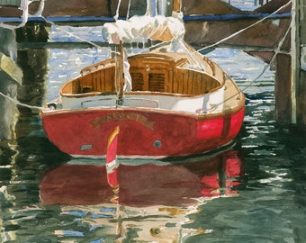 Sailboat Watercolor Painting, Nantucket art, Coastal painting, beach house art, Nautical art, Reflections of sailboat watercolor