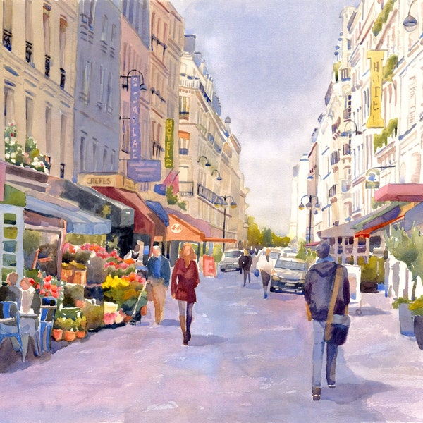 Rue Cler Painting, Watercolor of Paris, French cafe, Paris street scene, flower shop art, Paris France art