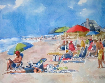 Madaket Painting, Nantucket painting, Nantucket Beach scene, People on beach, New England Beach, Coastal painting, Umbrellas at beach