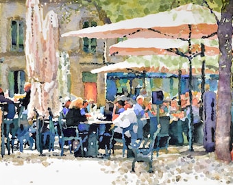 Villeneuve-les-Avignon painting, Watercolor of French Village, French bistro, French cafe scene, Avignon, Umbrellas, French street scene