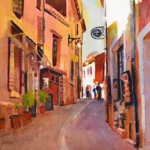 Painting of Roussillon France, Provence art, Roussillon Art, Watercolor of France, French Street Scene