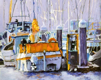 Painting of boats in a harbor, purple and orange, marina painting, fishing boats, nautical art, boats at dock painting