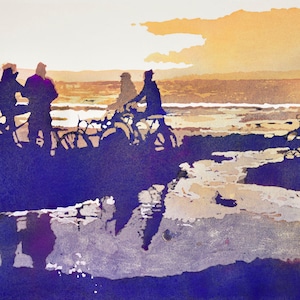 Cannon Beach Painting, Watercolor Sunset painting, bicycles on beach art, sunset silhouettes watercolor, sunset beach painting, coastal art