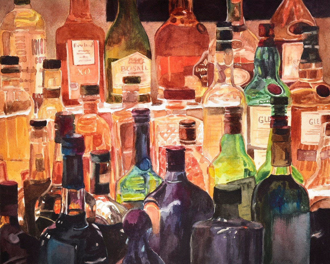 Liquor Bottle Painting, Whiskey Bottles Painting, Inn at Pound Ridge, Man Cave Art, Bar Painting