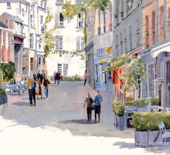 Paris Watercolor Painting: Rue de Barres French Bistro Print