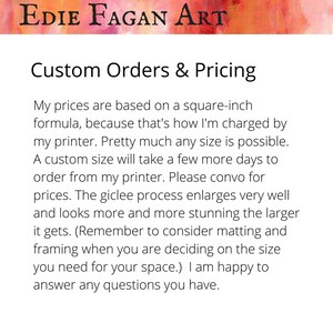 May include: The image features the text "Edie Fagan Art" at the top, followed by "Custom Orders & Pricing." The background is an abstract painting with orange, pink, and purple hues. The text explains custom order details.
