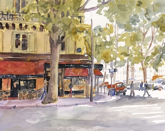 Paris Streetscape, Paris Watercolor Painting, Ile de la Cite, French cafe, Berthillon cafe