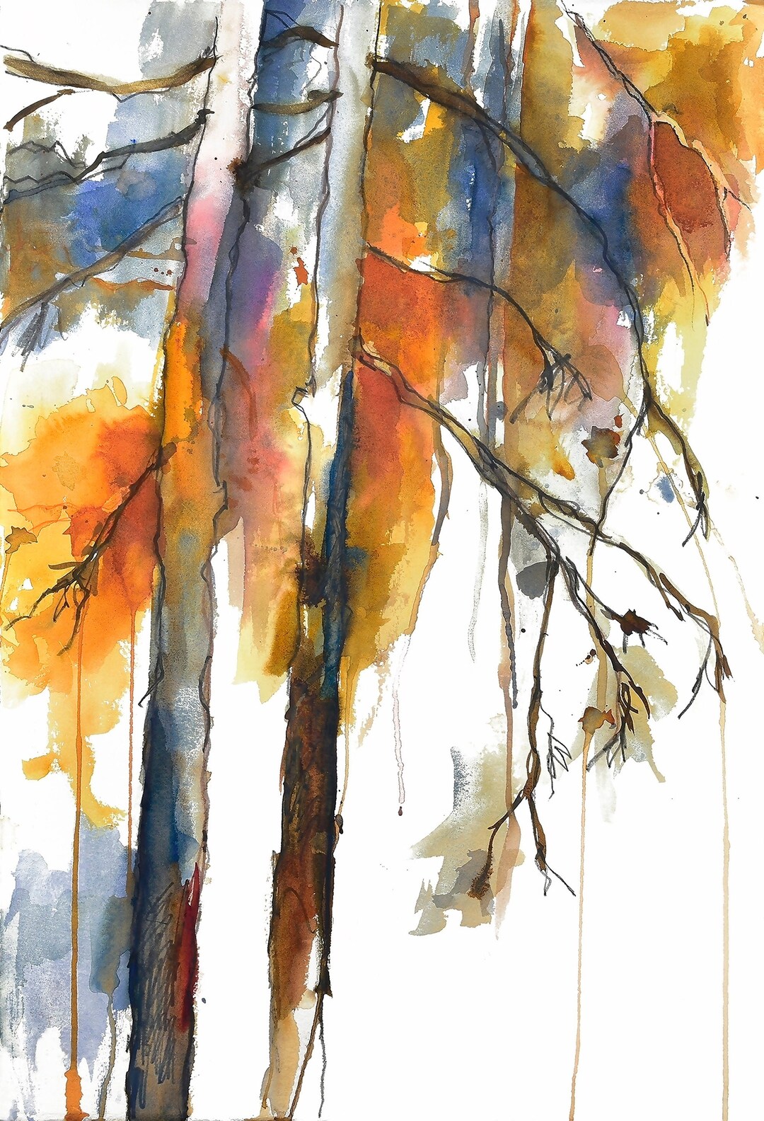 Watercolor of Pine Trees, Painting of Trees, Blue and Orange Trees ...